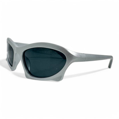 Balenciaga Futuristic Wraparound Sunglasses – Silver Metallic Frame with Dark Lenses