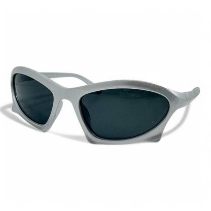 Balenciaga Futuristic Wraparound Sunglasses – Silver Metallic Frame with Dark Lenses