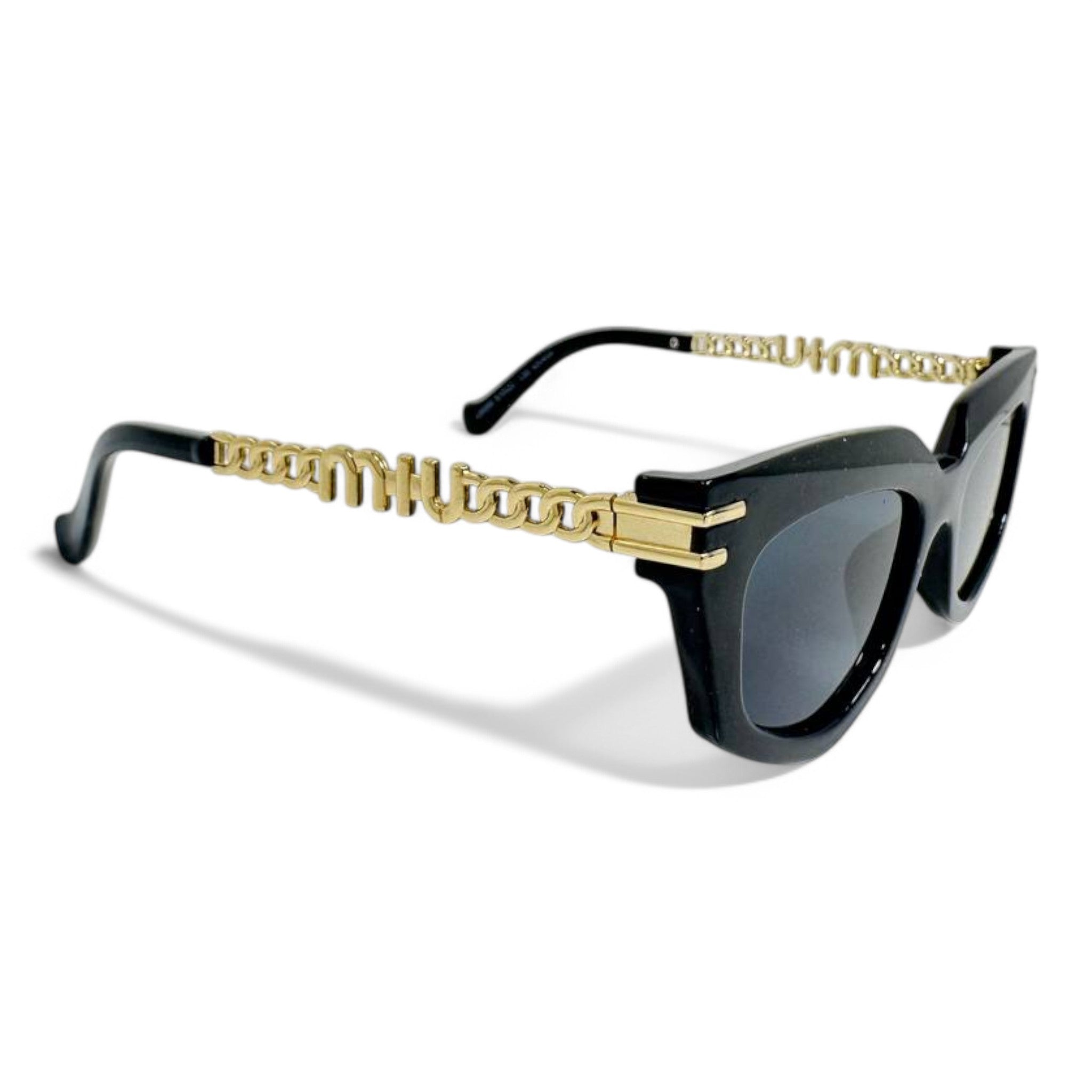Miu Miu Chain-Link Sunglasses – Black Cat-Eye Frame with Gold Logo Temples