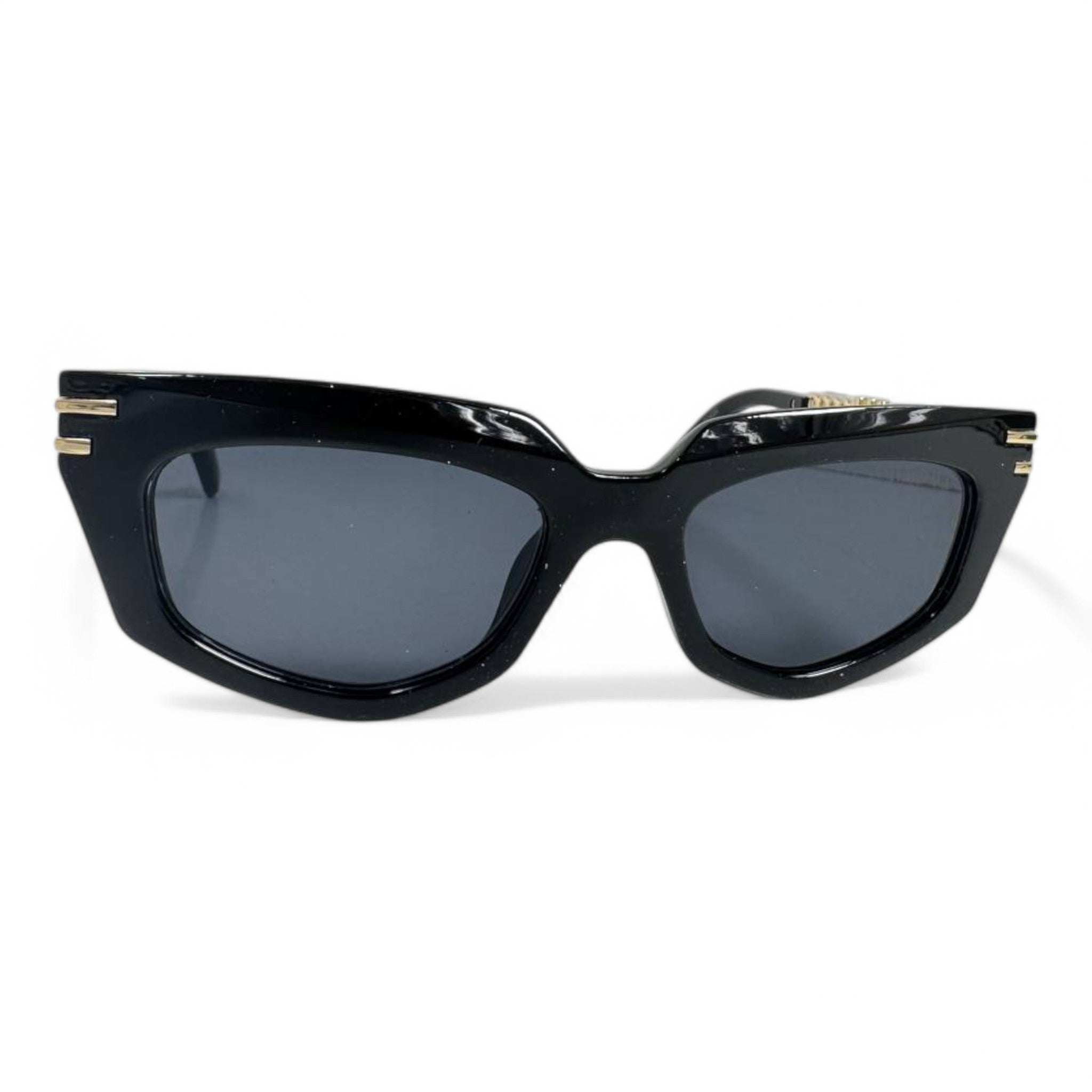 Miu Miu Chain-Link Sunglasses – Black Cat-Eye Frame with Gold Logo Temples