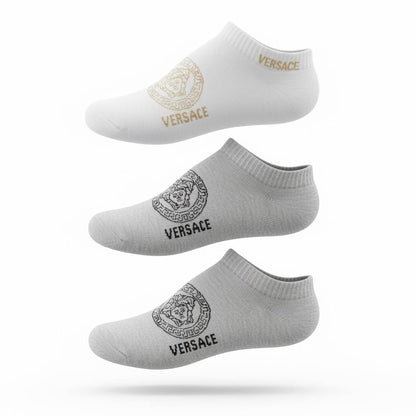 Versace Medusa Logo Ankle Socks – White & Grey 3-Pack ✨