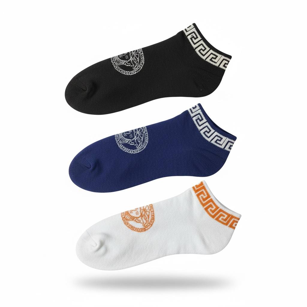 Versace Greca Medusa Ankle Socks – Premium 3-Color Set 🖤💙🤍