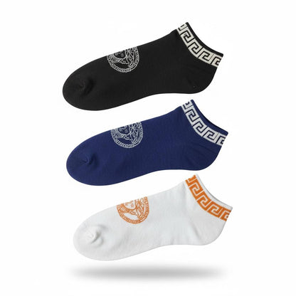 Versace Greca Medusa Ankle Socks – Premium 3-Color Set 🖤💙🤍