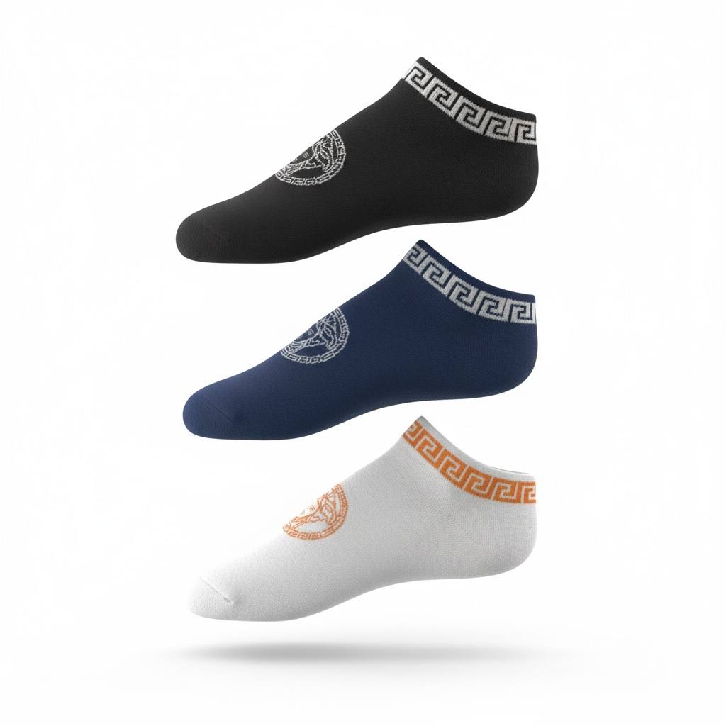 Versace Greca Medusa Ankle Socks – Premium 3-Color Set 🖤💙🤍