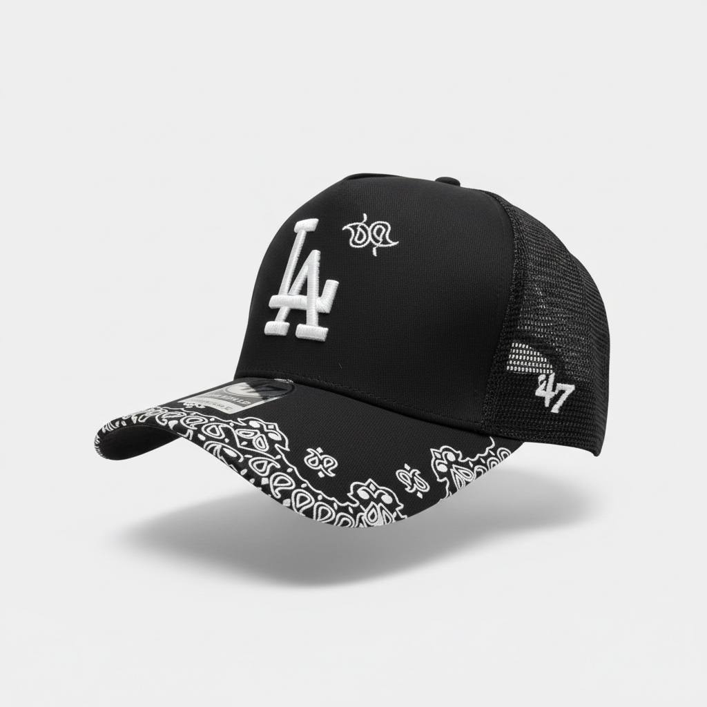 47 Los Angeles LA Black Trucker Cap – Bandana Brim Edition 🖤🔥