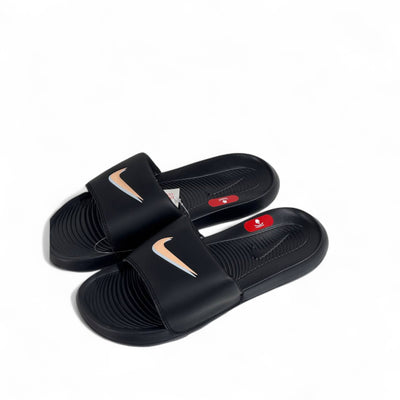Nike Tech Black & Gold Swoosh Slides – Premium Comfort & Sleek Style