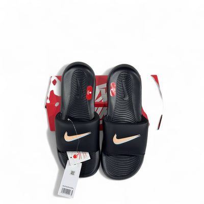 Nike Tech Black & Gold Swoosh Slides – Premium Comfort & Sleek Style