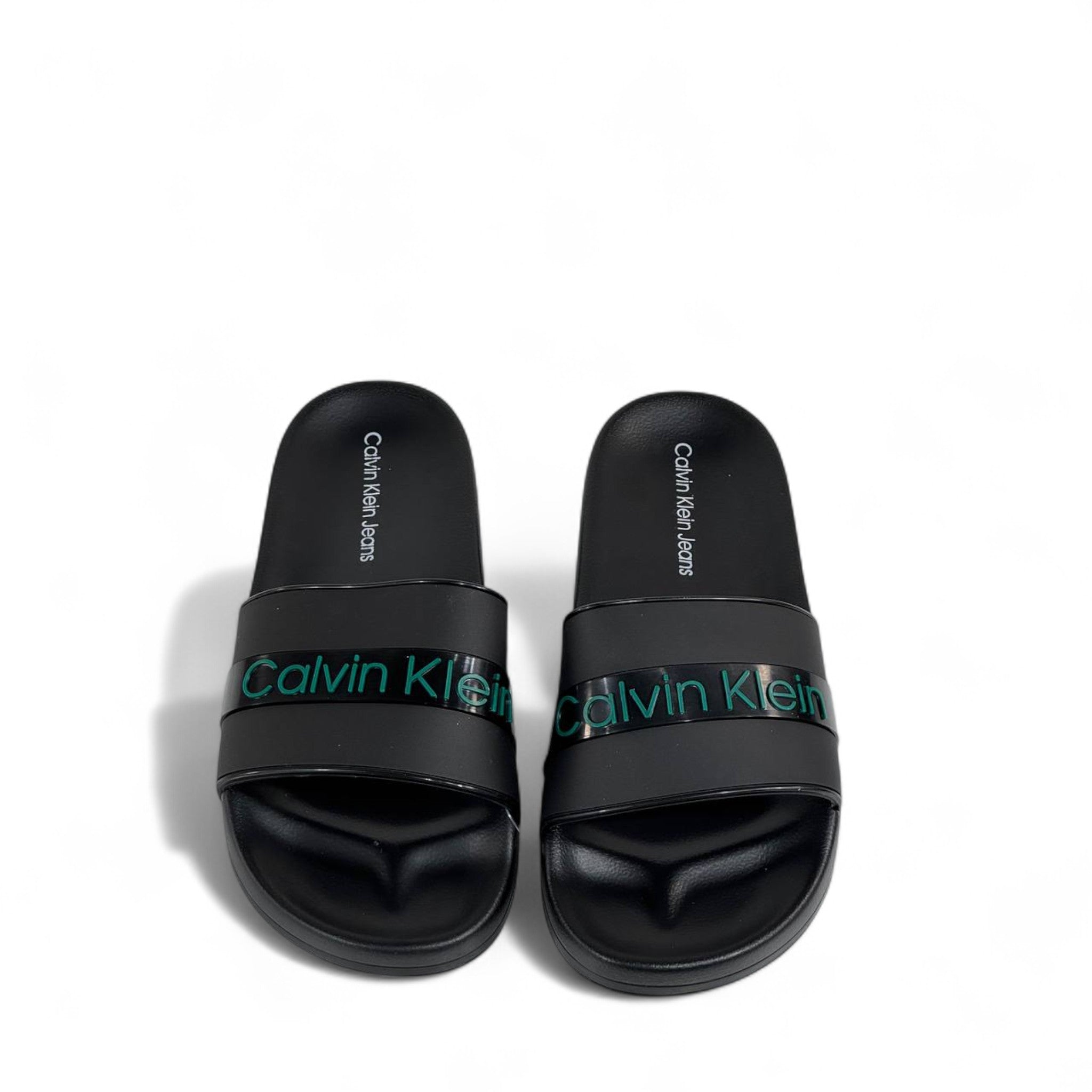 🖤💚 Calvin Klein Jeans Black Slides | Modern Comfort & Green Logo Accent