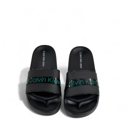 🖤💚 Calvin Klein Jeans Black Slides | Modern Comfort & Green Logo Accent