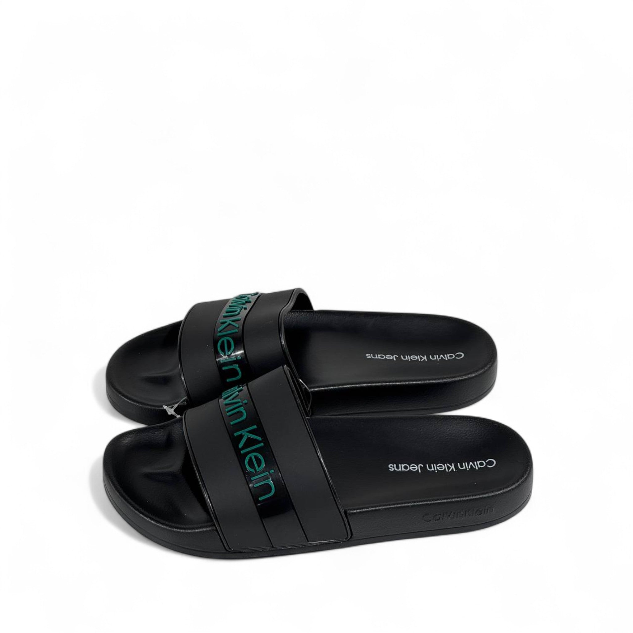 🖤💚 Calvin Klein Jeans Black Slides | Modern Comfort & Green Logo Accent