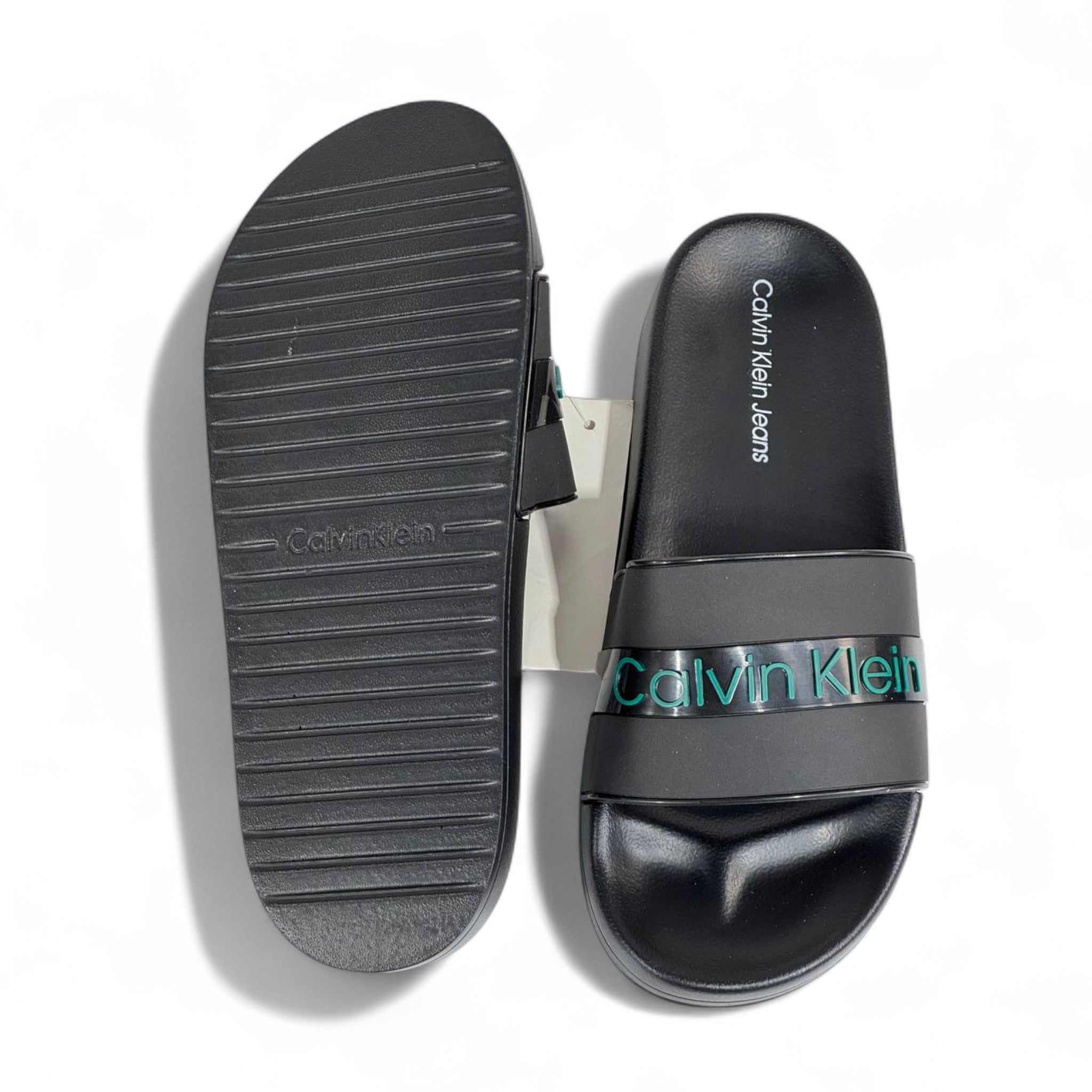 🖤💚 Calvin Klein Jeans Black Slides | Modern Comfort & Green Logo Accent