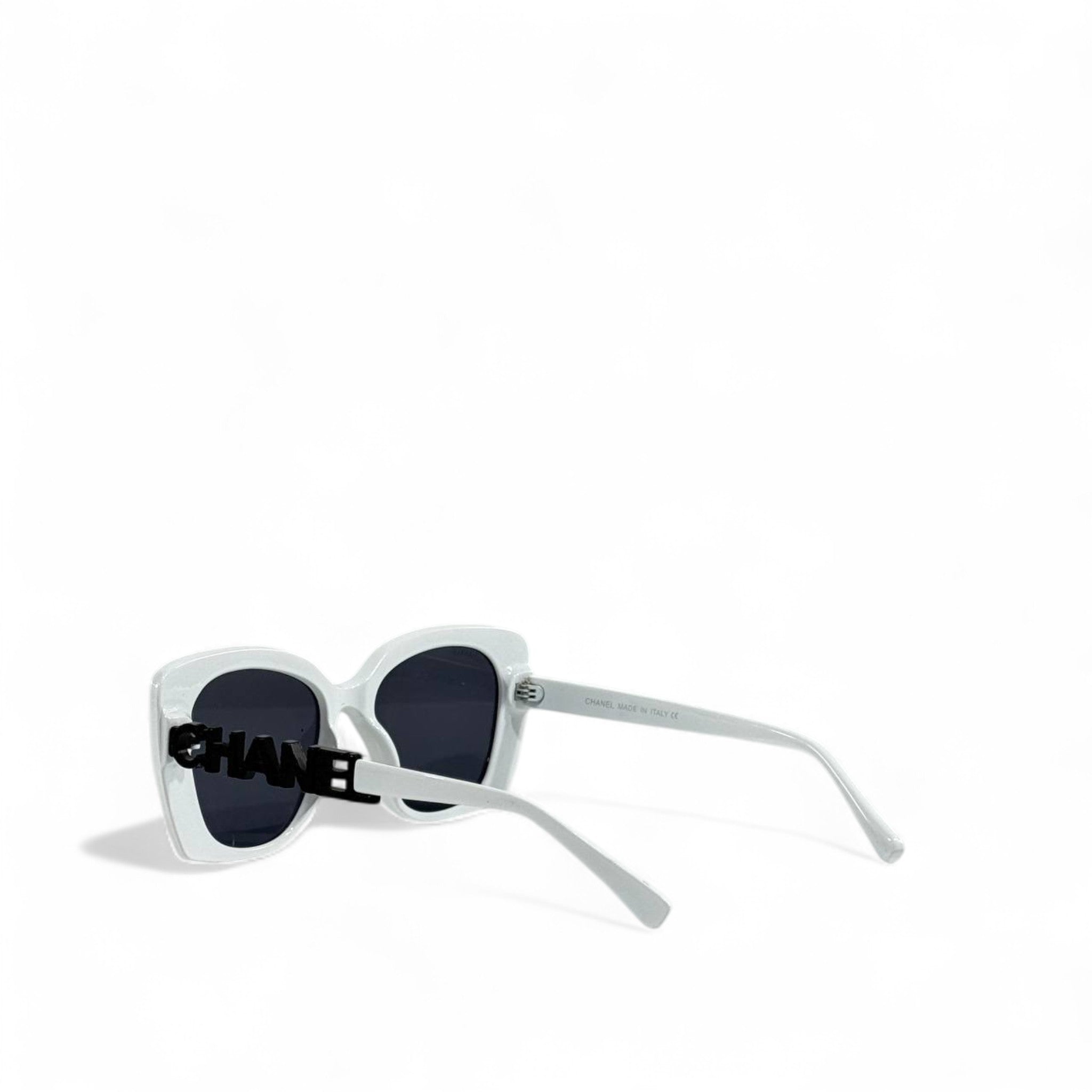 🤍 Chanel Square Cat-Eye Sunglasses – White Frame & Black CHANEL Logo | Luxury Designer Eyewear