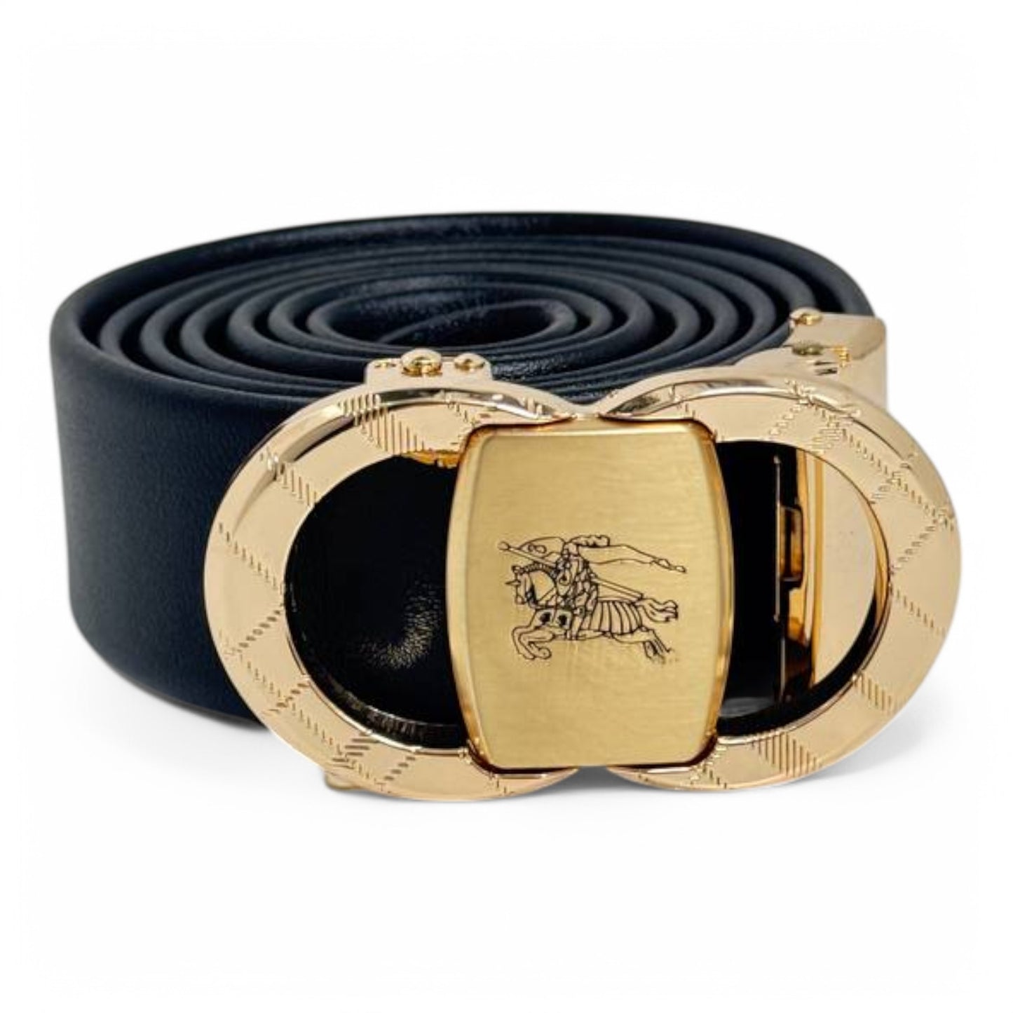 Luxury Burberry-Inspired Black Leather Belt with Gold Equestrian Buckle