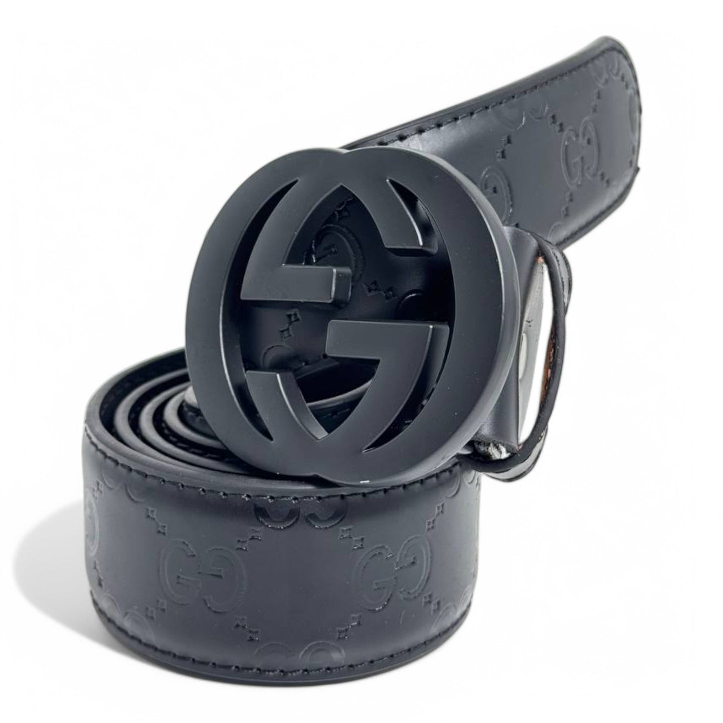 Black Embossed Leather Belt with Matte Black GG Buckle