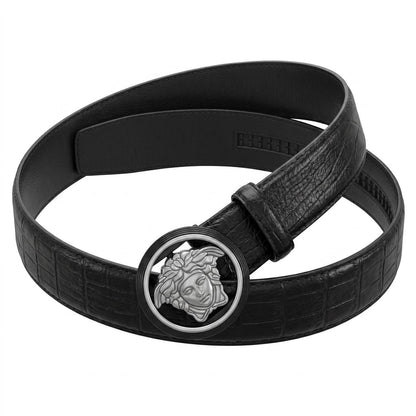🖤 Versace Medusa Croc-Embossed Leather Belt – Black | 120 CM ✨