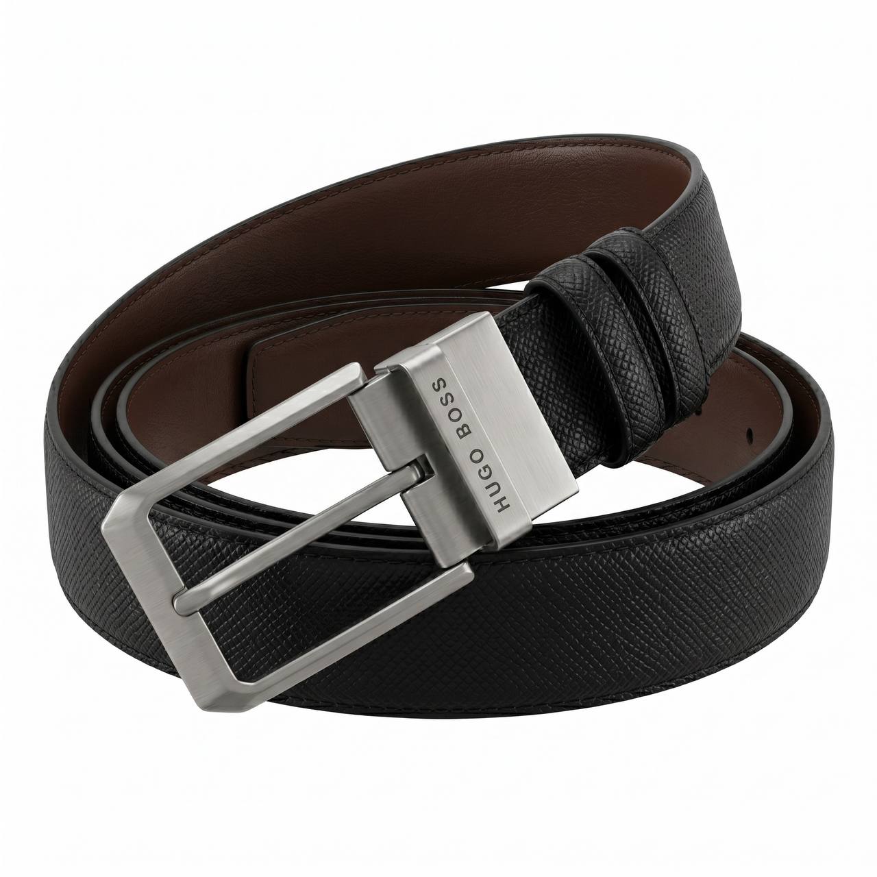 ✨ Hugo Boss Reversible Textured Leather Belt – Black & Brown | 120 CM 🖤🤎