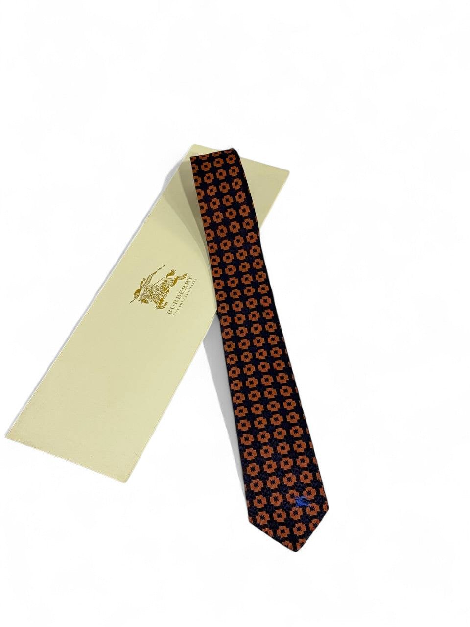 🟠 Burberry Luxury Silk Tie – Orange & Navy Geometric Pattern 👔✨ | Designer Men’s Necktie