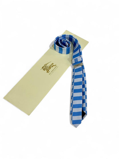 🔵 Burberry Luxury Silk Tie – Blue & Grey Striped Pattern 👔💼 | Designer Men’s Necktie