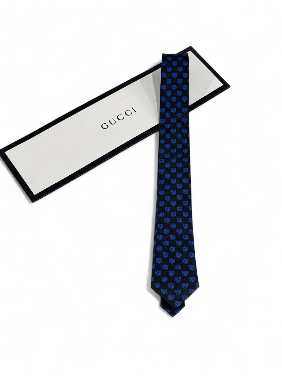 🔵 Gucci Luxury Silk Tie – Navy with Blue Motif Pattern 👔✨ | Designer Men’s Necktie