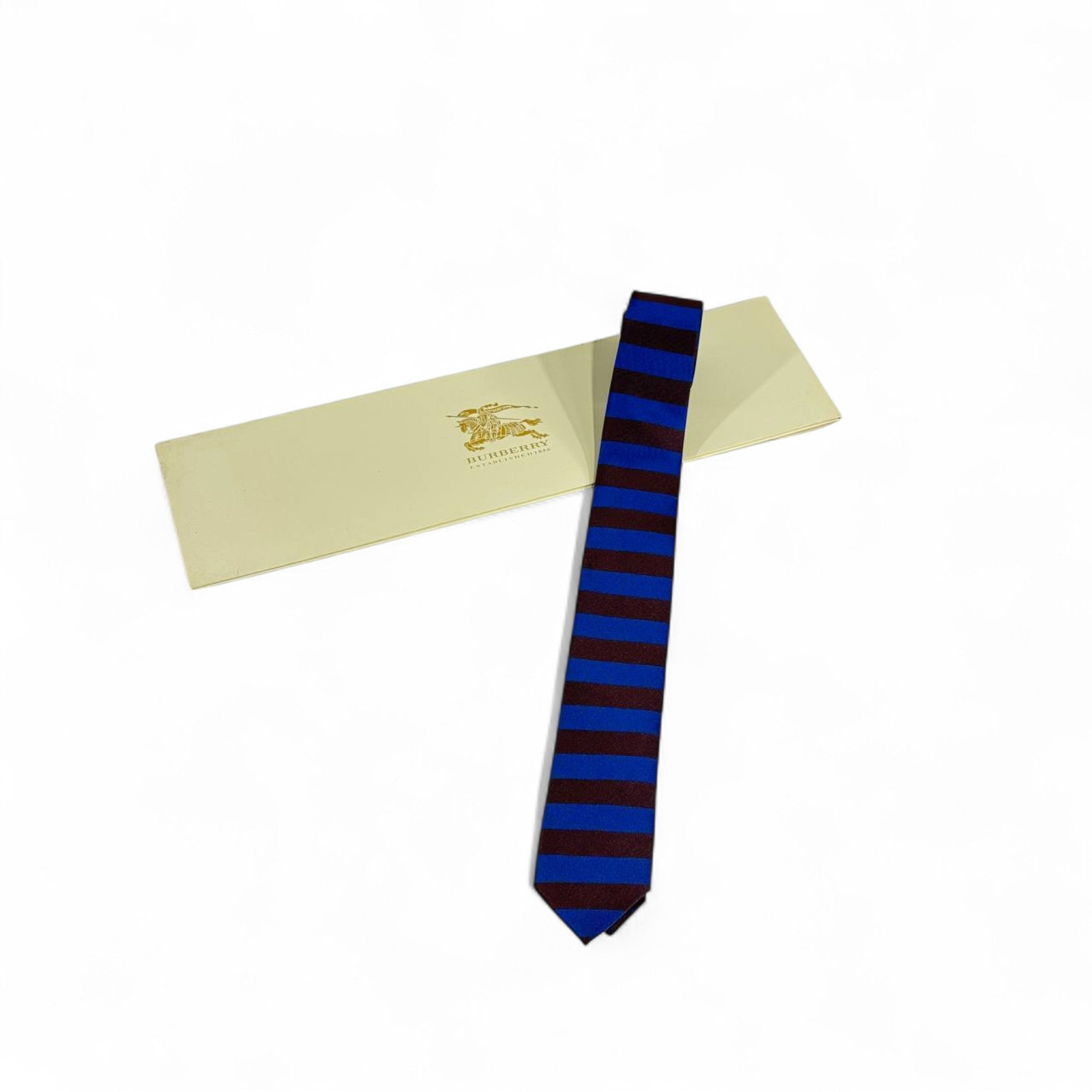 🔵 Burberry Luxury Silk Tie – Blue & Burgundy Striped Pattern 👔✨ | Designer Men’s Necktie