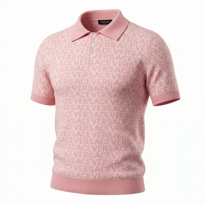 💗 Versace Monogram Knit Polo Shirt – Soft Pink Edition