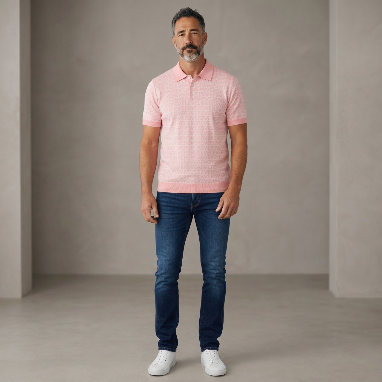 💗 Versace Monogram Knit Polo Shirt – Soft Pink Edition