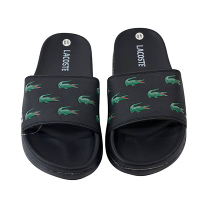 🐊 Lacoste Crocodile Print Slides – Black Signature Edition 🖤✨