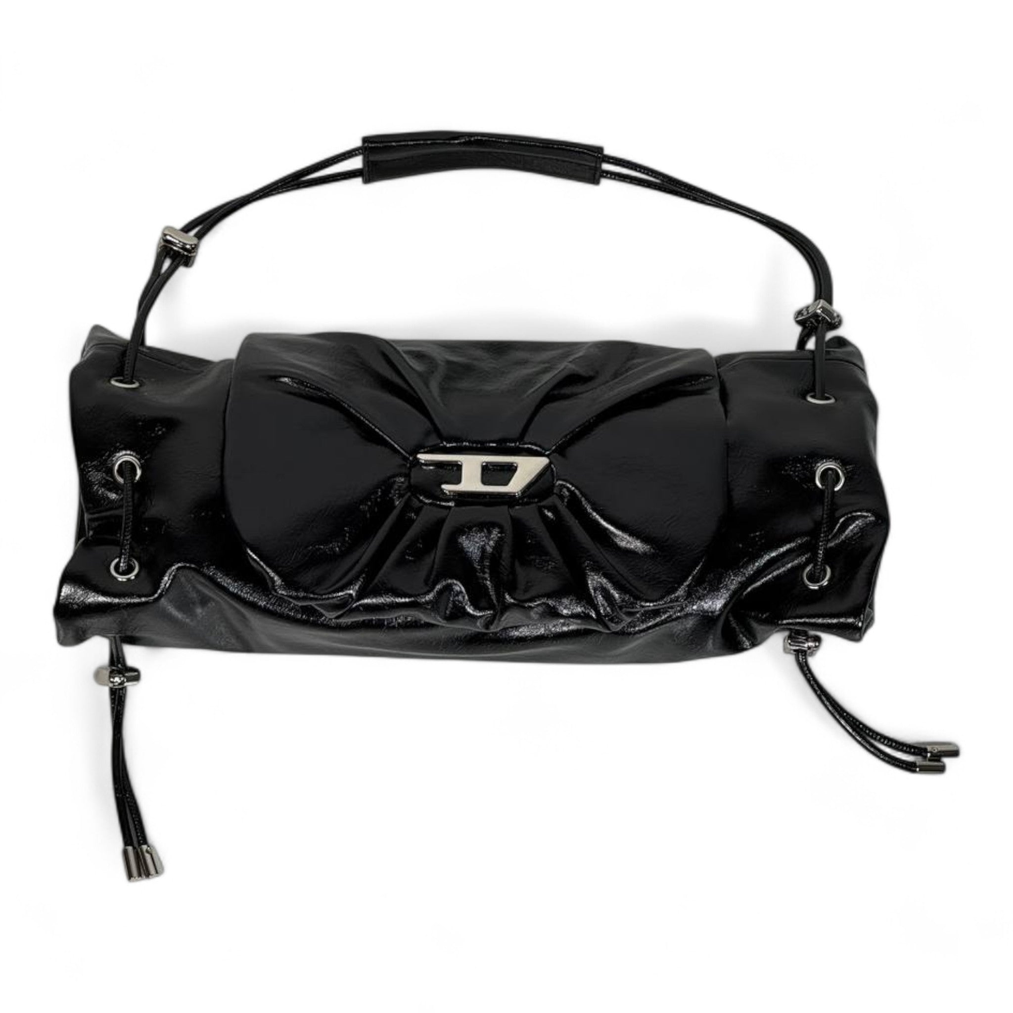 DIESEL Black Gloss Ruched Shoulder Bag 🖤✨ | Iconic Bow Detail & Silver Hardware