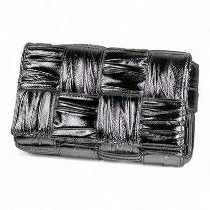 Bottega Veneta-Inspired Metallic Woven Shoulder Bag – Black Chrome ✨🖤