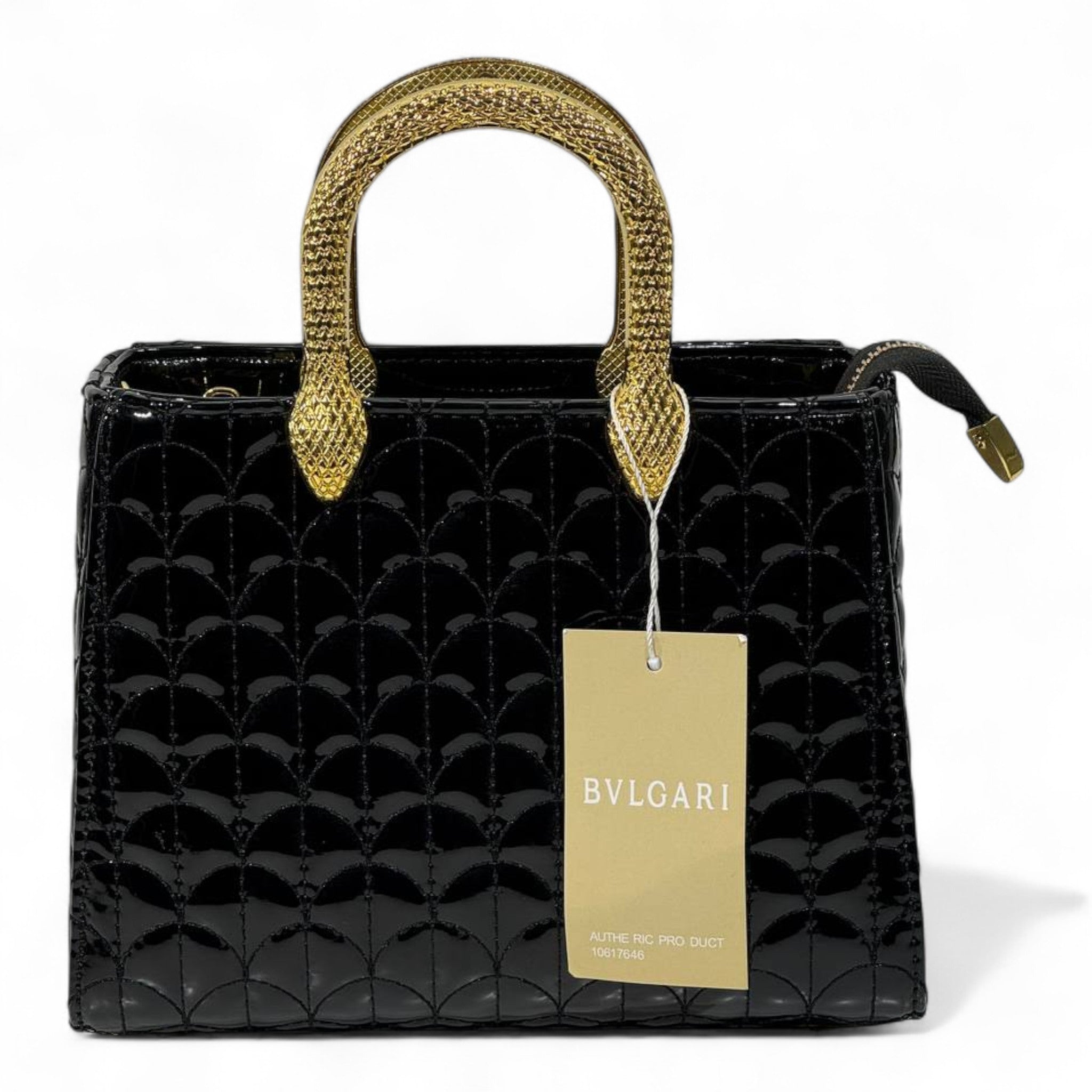 BVLGARI Patent Black Quilted Handbag with Gold Serpent Handles – Elite Luxury Statement 🖤✨