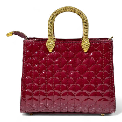 BVLGARI Burgundy Patent Quilted Handbag with Gold Serpent Handles – Elite Luxury Edition 🐍✨