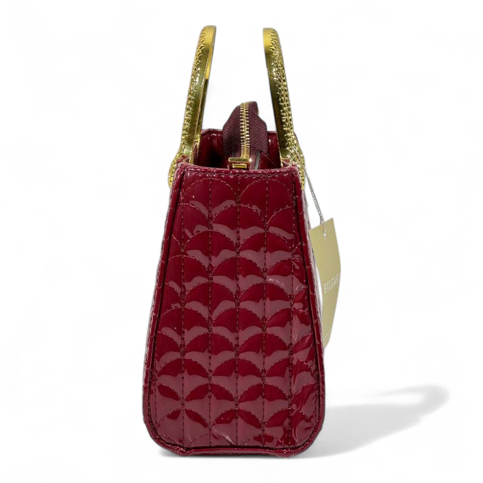 BVLGARI Burgundy Patent Quilted Handbag with Gold Serpent Handles – Elite Luxury Edition 🐍✨