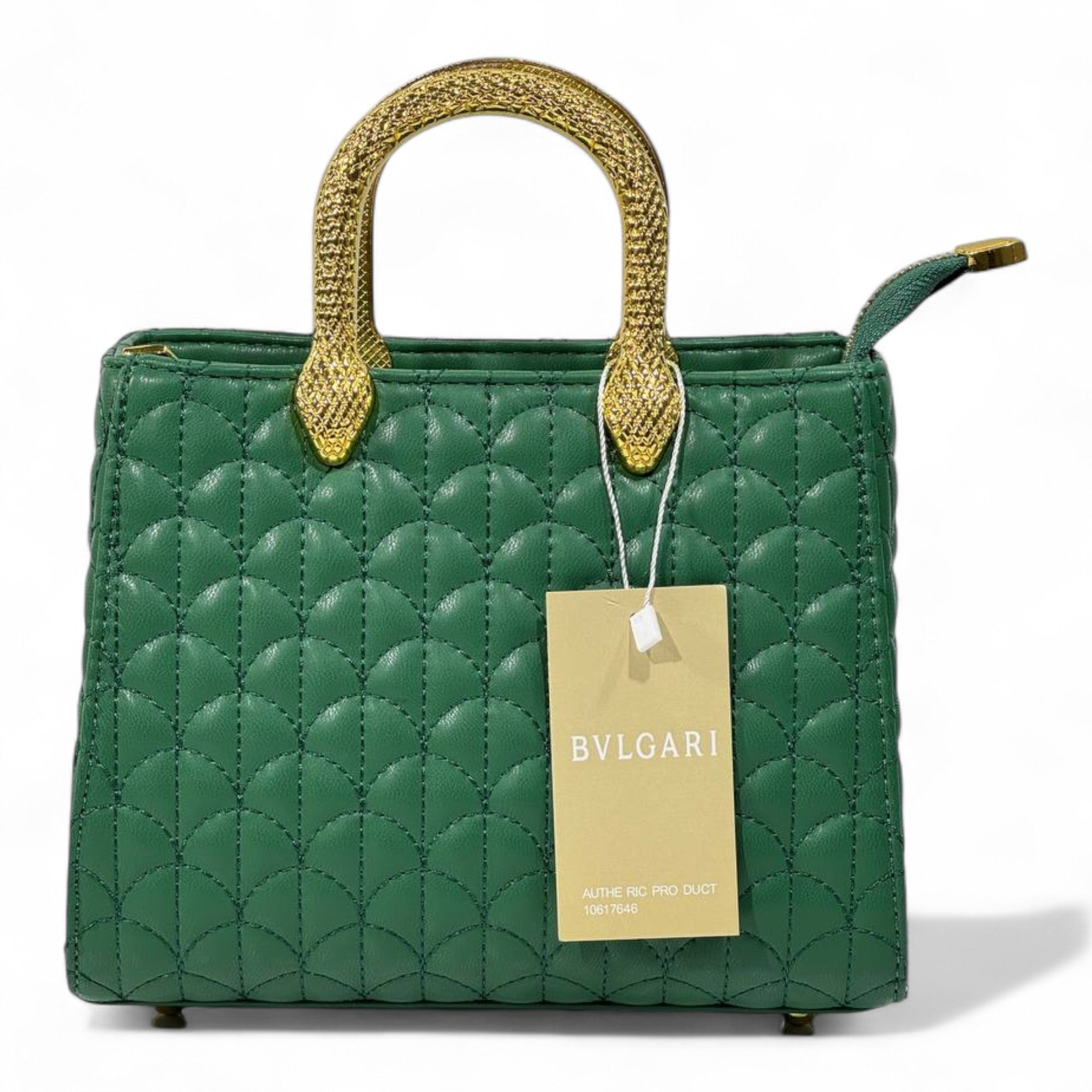 BVLGARI Emerald Green Quilted Handbag with Gold Serpent Handles – Luxury Signature Edition 💚✨