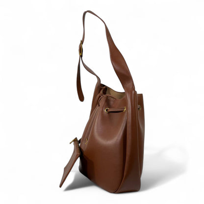 YSL Brown Leather Shoulder Bag with Matching Pouch – Classic Drawstring Luxury 🤎✨