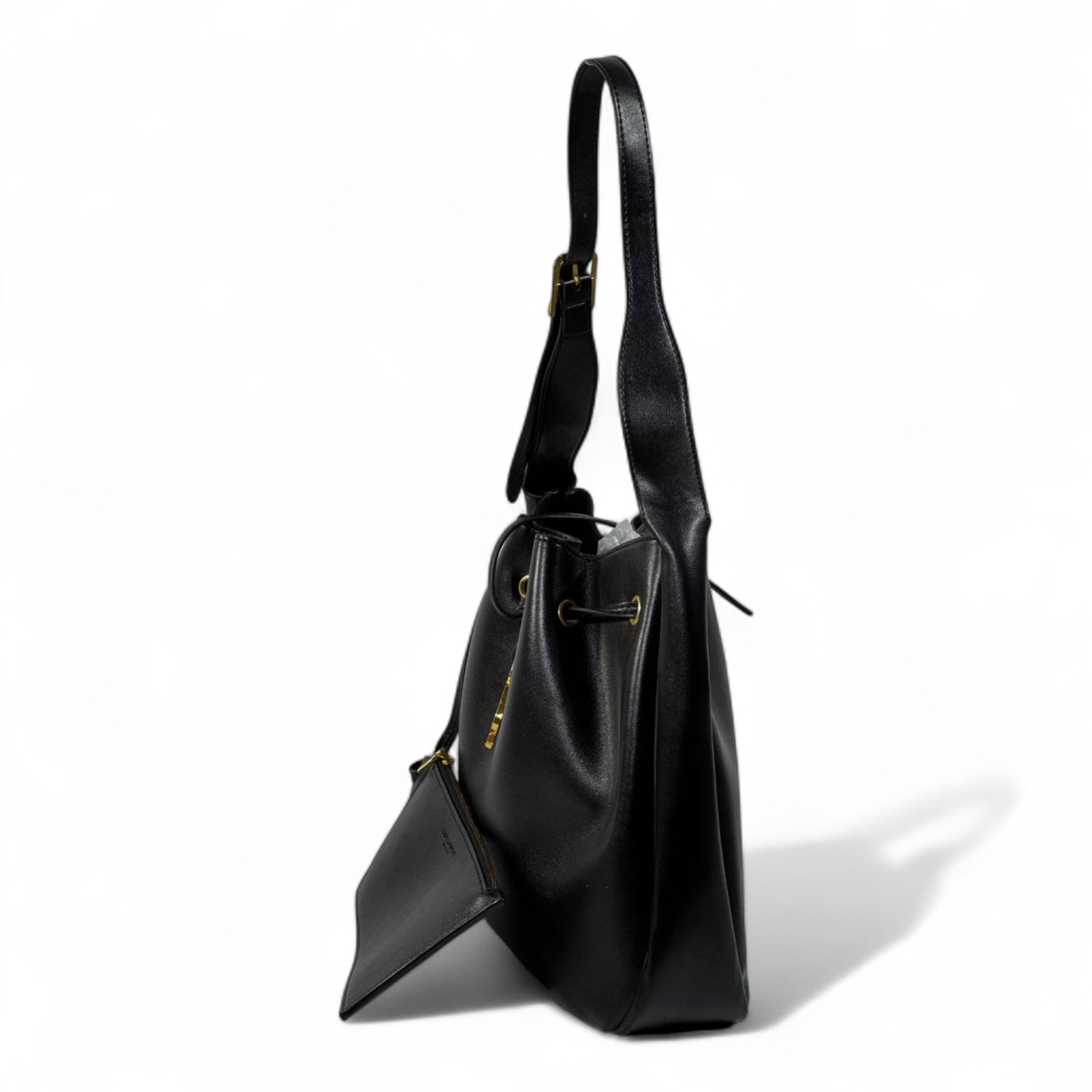 YSL Black Leather Shoulder Bag with Matching Pouch – Classic Drawstring Luxury 🖤✨