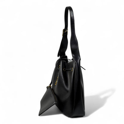YSL Black Leather Shoulder Bag with Matching Pouch – Classic Drawstring Luxury 🖤✨