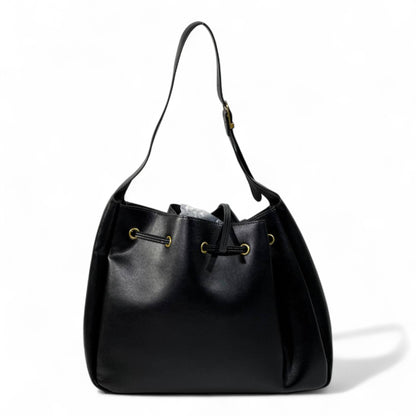 YSL Black Leather Shoulder Bag with Matching Pouch – Classic Drawstring Luxury 🖤✨