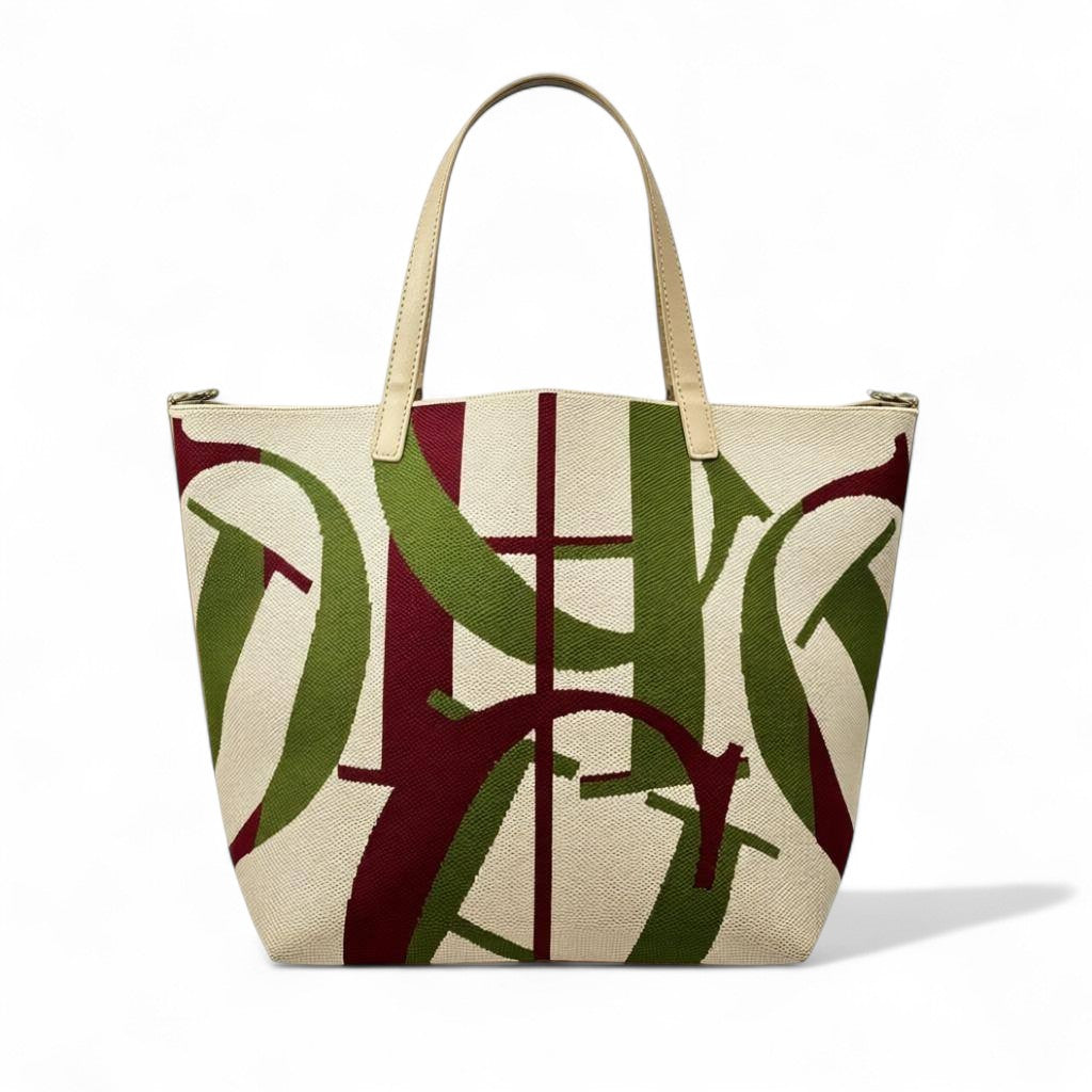 Carolina Herrera Canvas Tote – Beige & Olive Signature Print 👜✨
