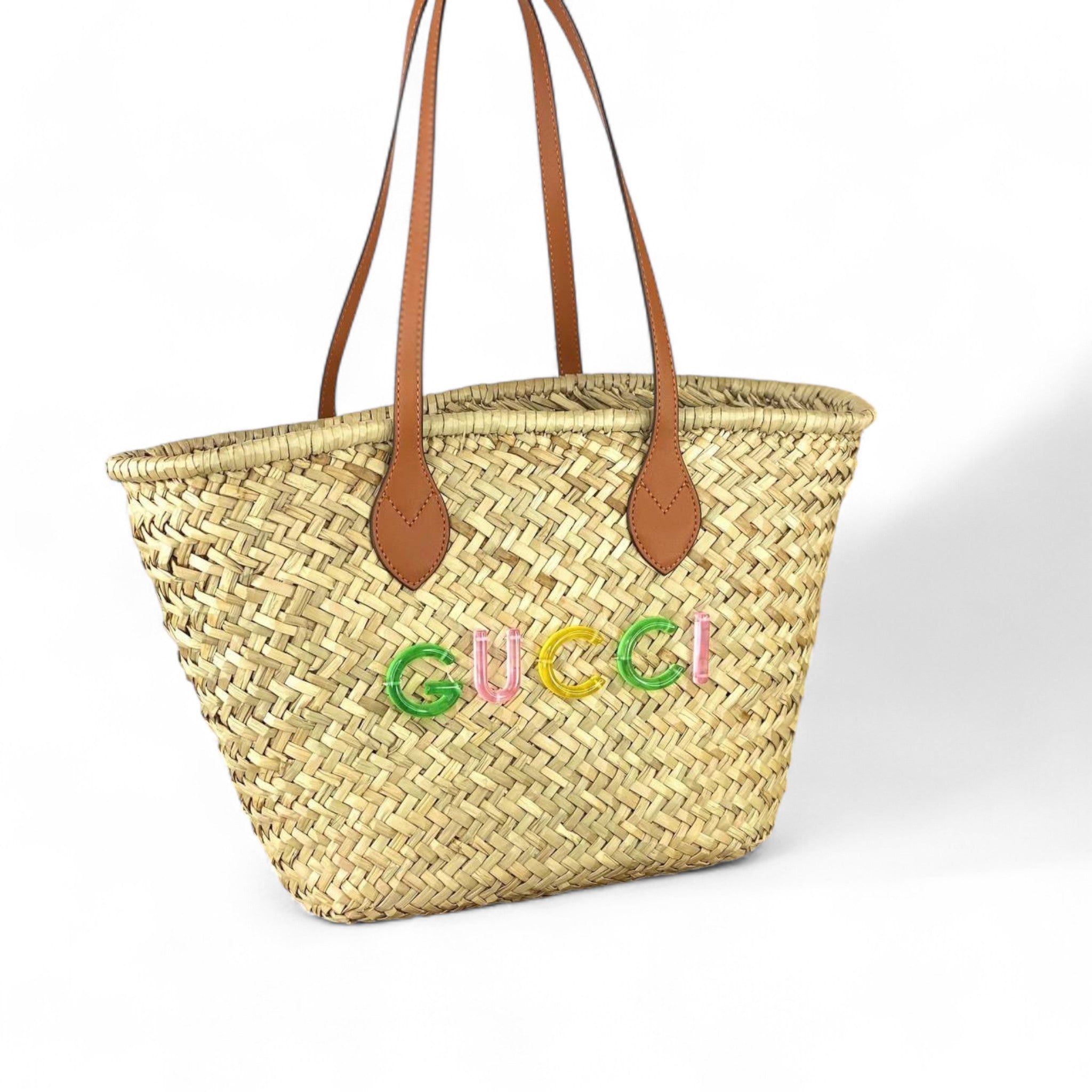 Gucci Multicolor Logo Straw Tote – Natural Palm Weave & Leather Handles 🌈👜