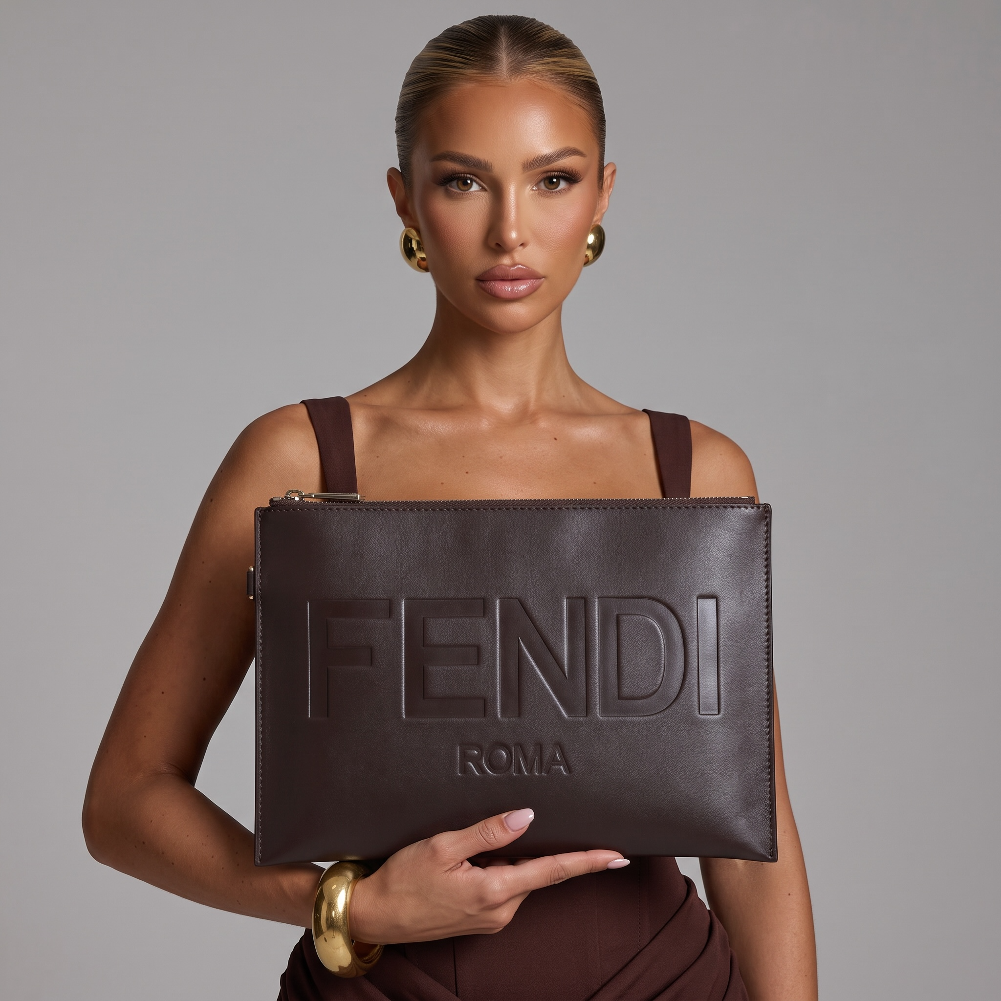 ✨ Fendi Roma Large Leather Pouch – Dark Brown