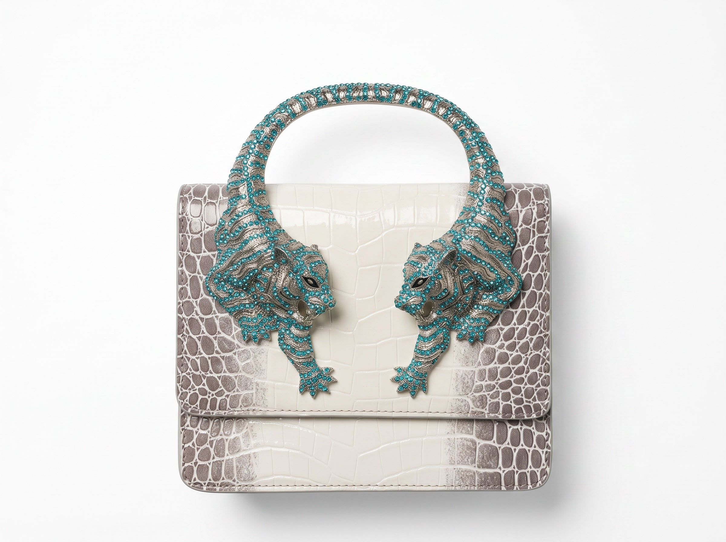 white and grey croc-print top-handle bag with turquoise crystal tiger-head hardware