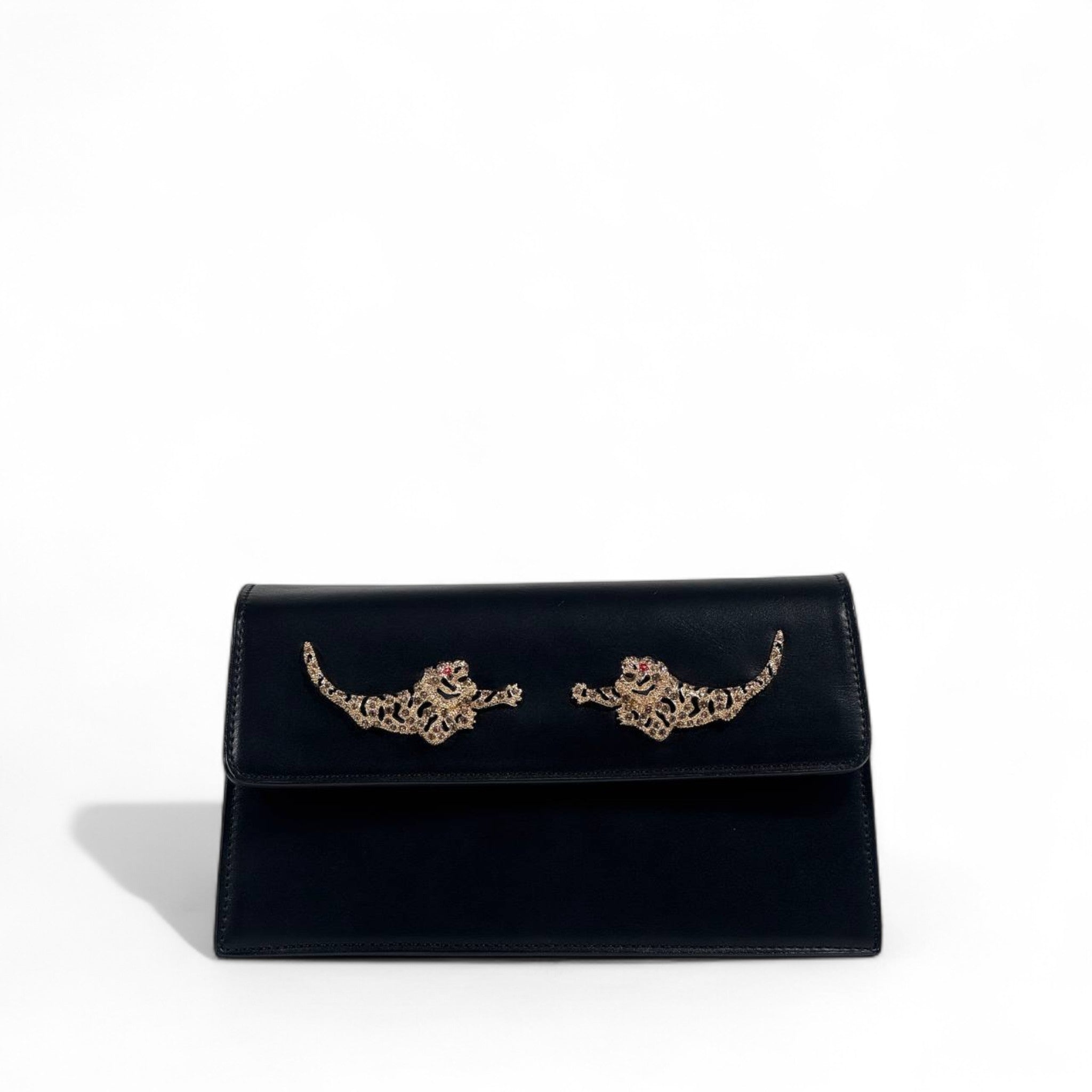 🐅 Roberto Cavalli Black Leather Clutch – Gold Embroidered Tigers ✨ | Luxury Women’s Evening Bag
