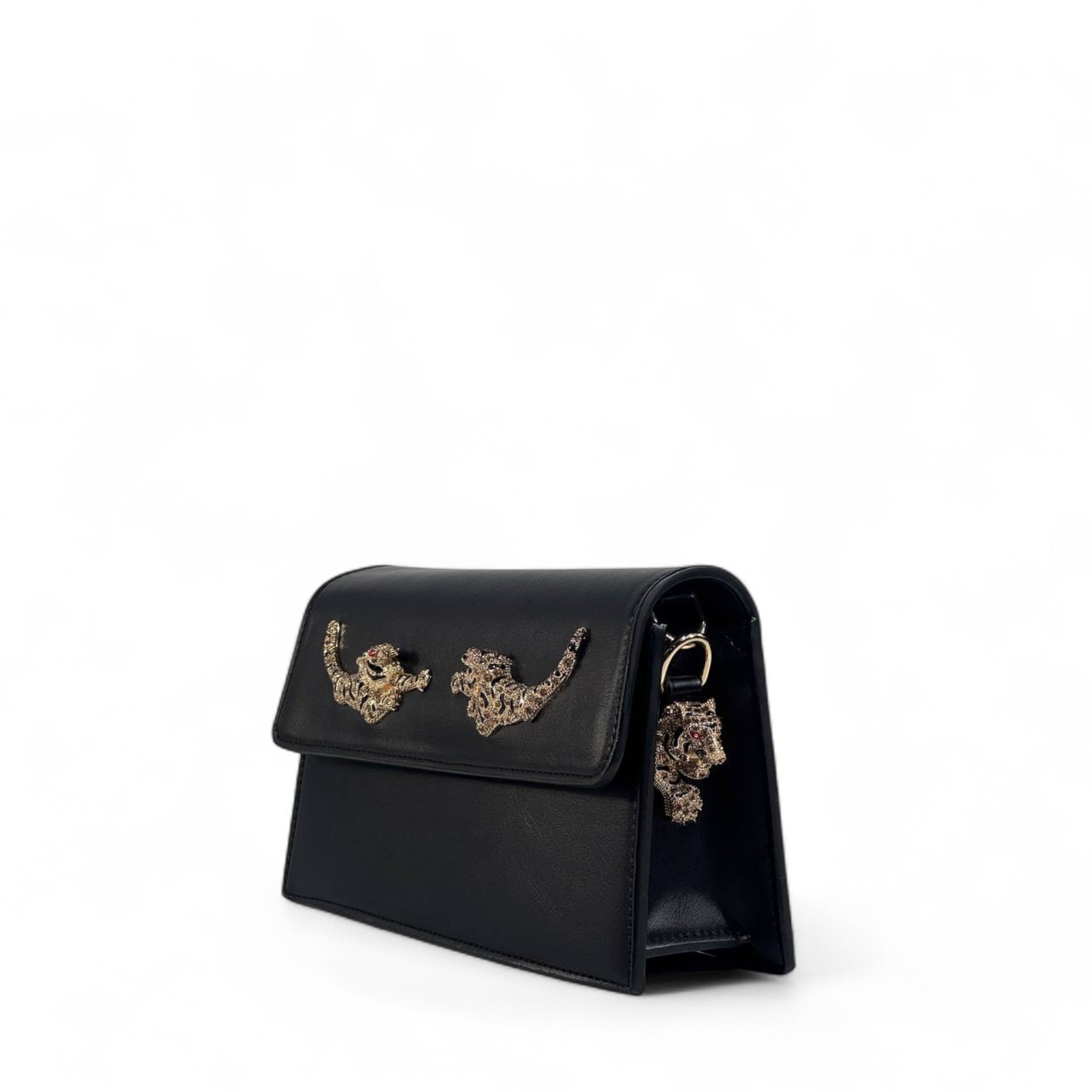 🐅 Roberto Cavalli Black Leather Clutch – Gold Embroidered Tigers ✨ | Luxury Women’s Evening Bag