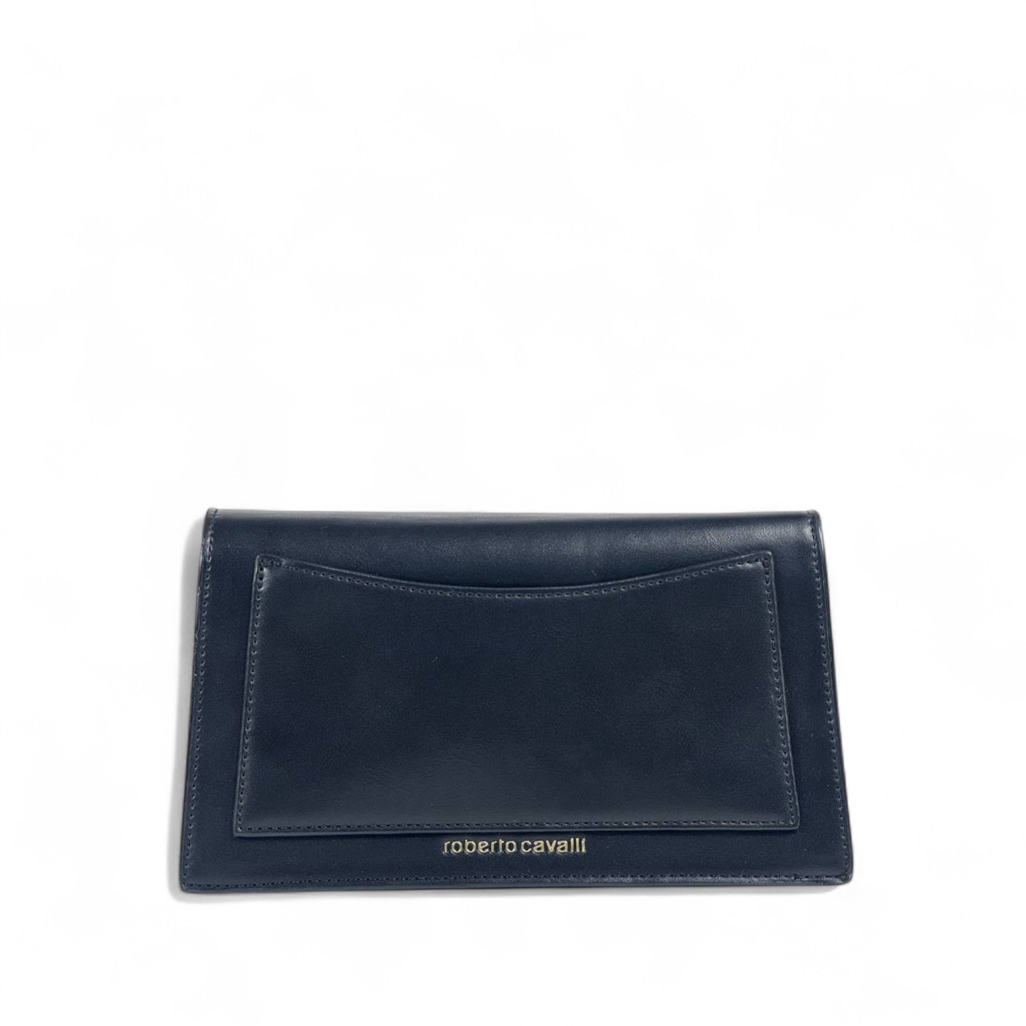 🐅 Roberto Cavalli Black Leather Clutch – Gold Embroidered Tigers ✨ | Luxury Women’s Evening Bag