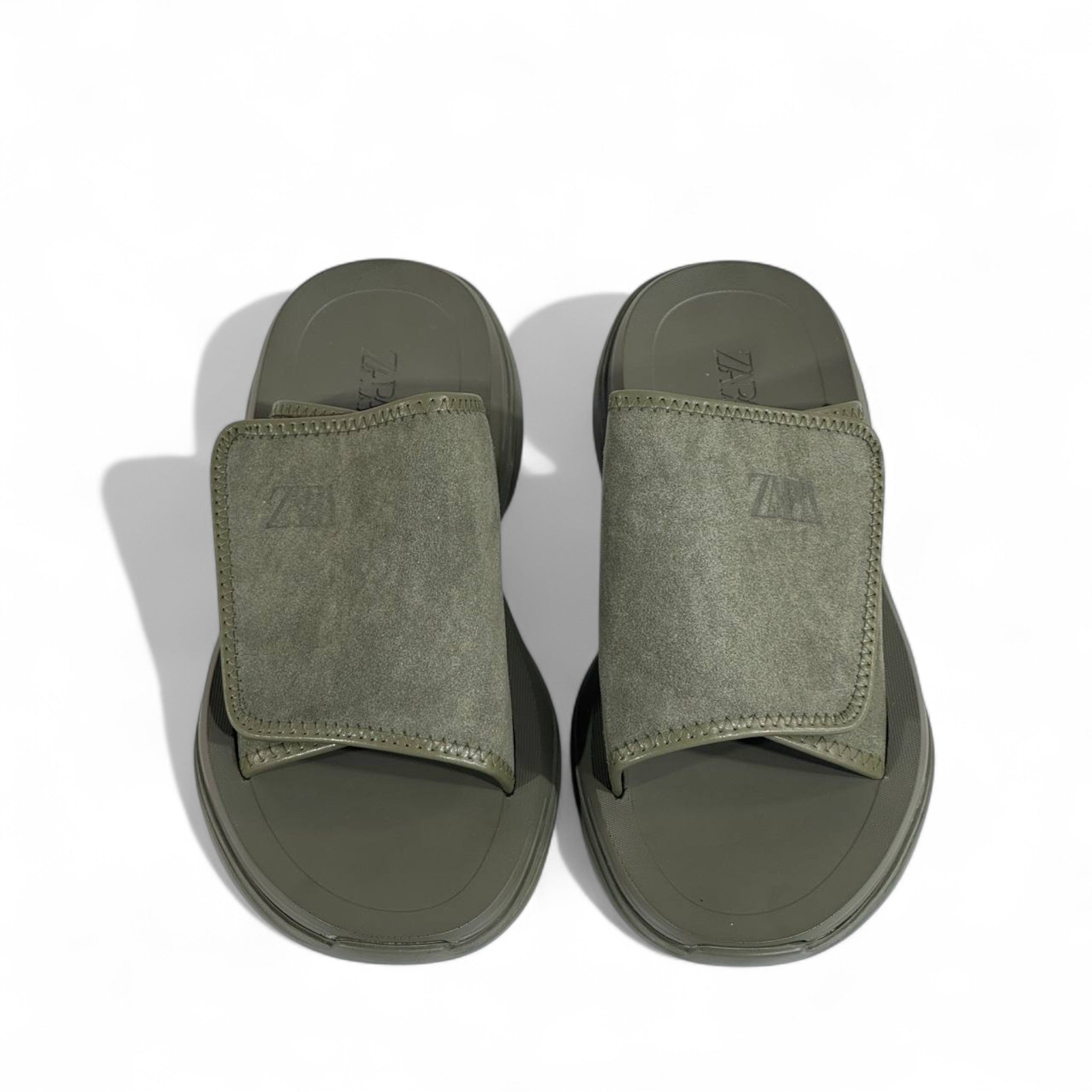 🟢 Zara Minimalist Green Suede Strap Slides – Urban Streetwear Essential