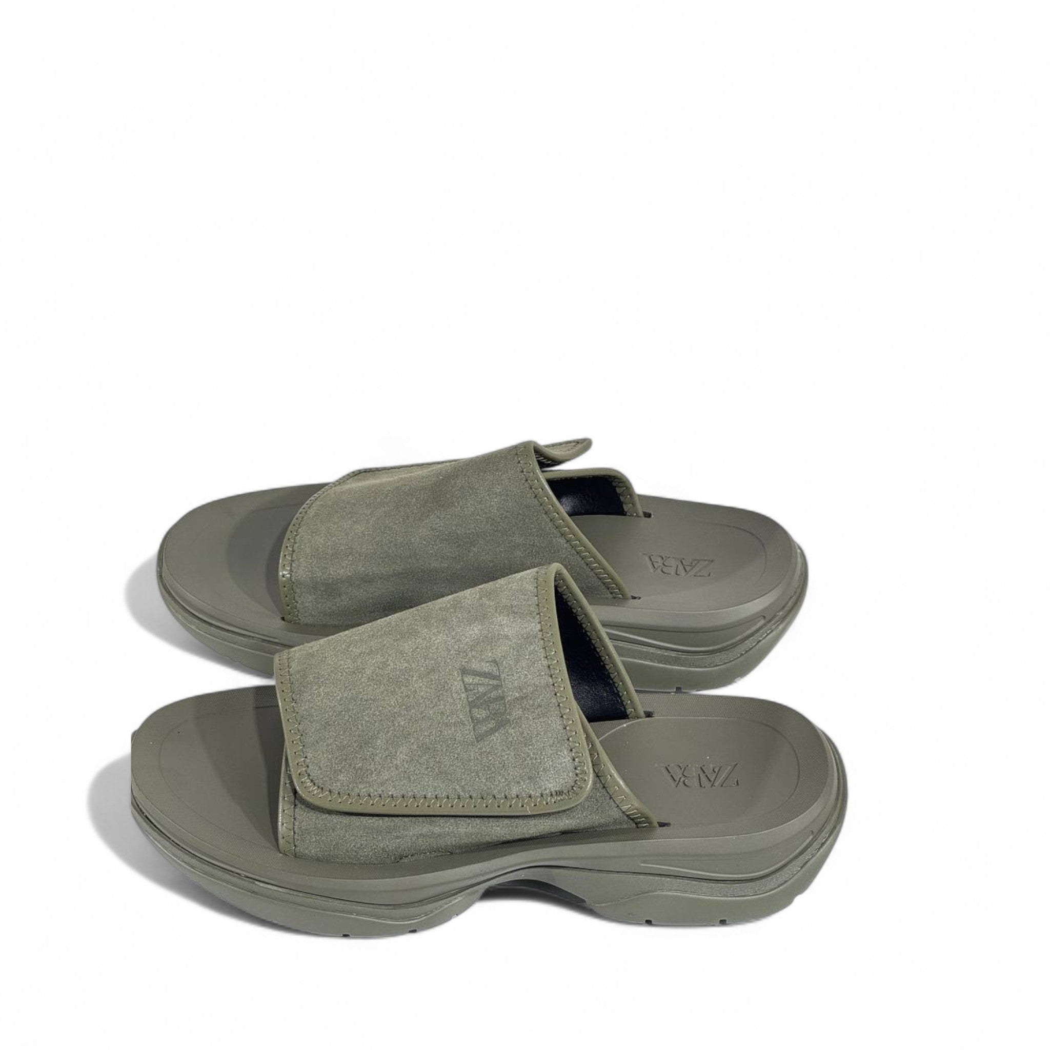 🟢 Zara Minimalist Green Suede Strap Slides – Urban Streetwear Essential