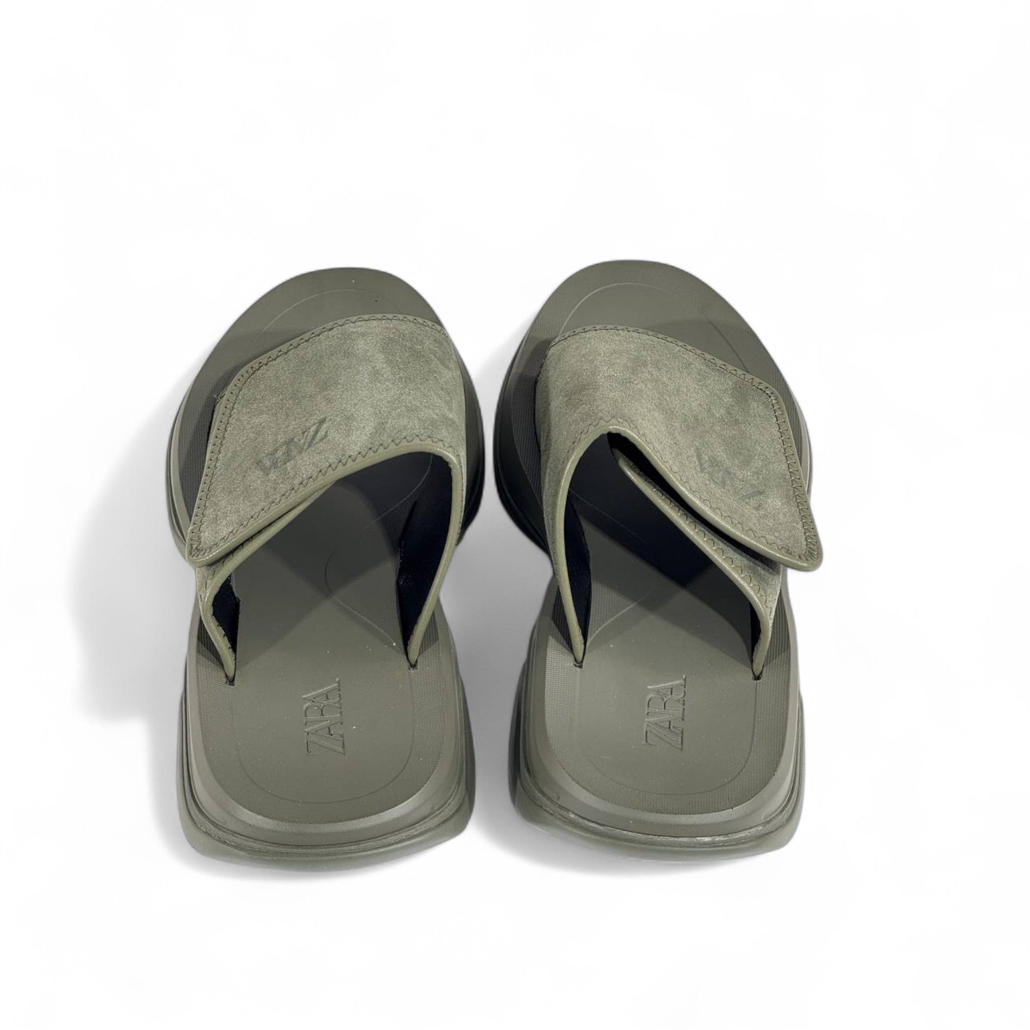 🟢 Zara Minimalist Green Suede Strap Slides – Urban Streetwear Essential