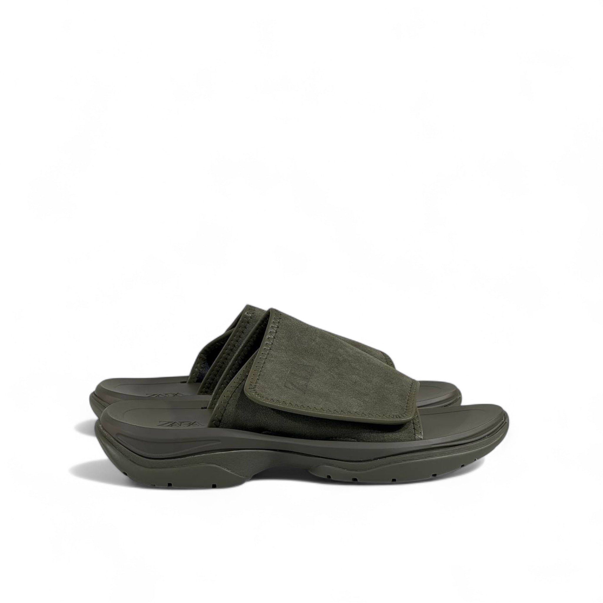 🟢 Zara Minimalist Green Suede Strap Slides – Urban Streetwear Essential
