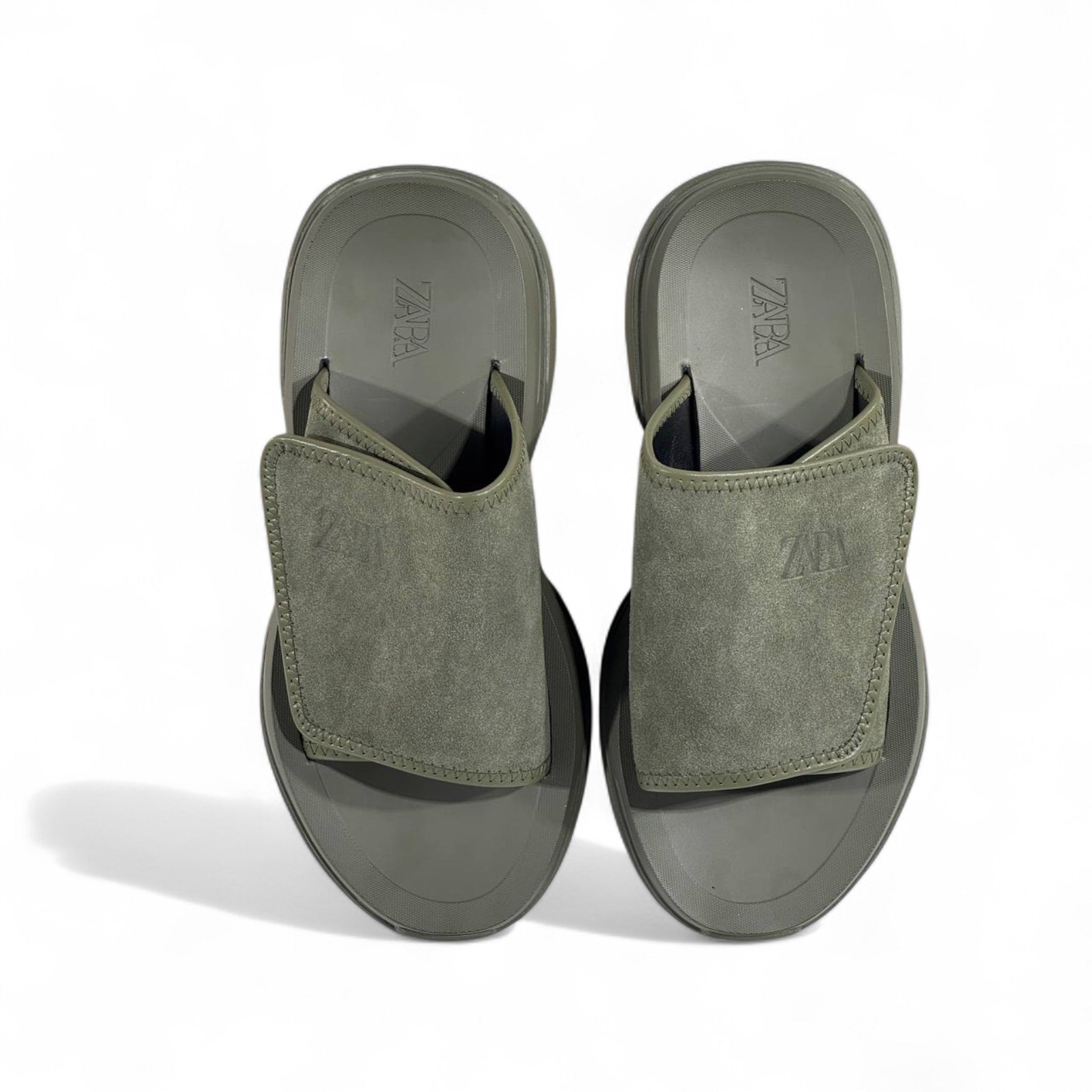 🟢 Zara Minimalist Green Suede Strap Slides – Urban Streetwear Essential