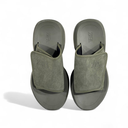 🟢 Zara Minimalist Green Suede Strap Slides – Urban Streetwear Essential